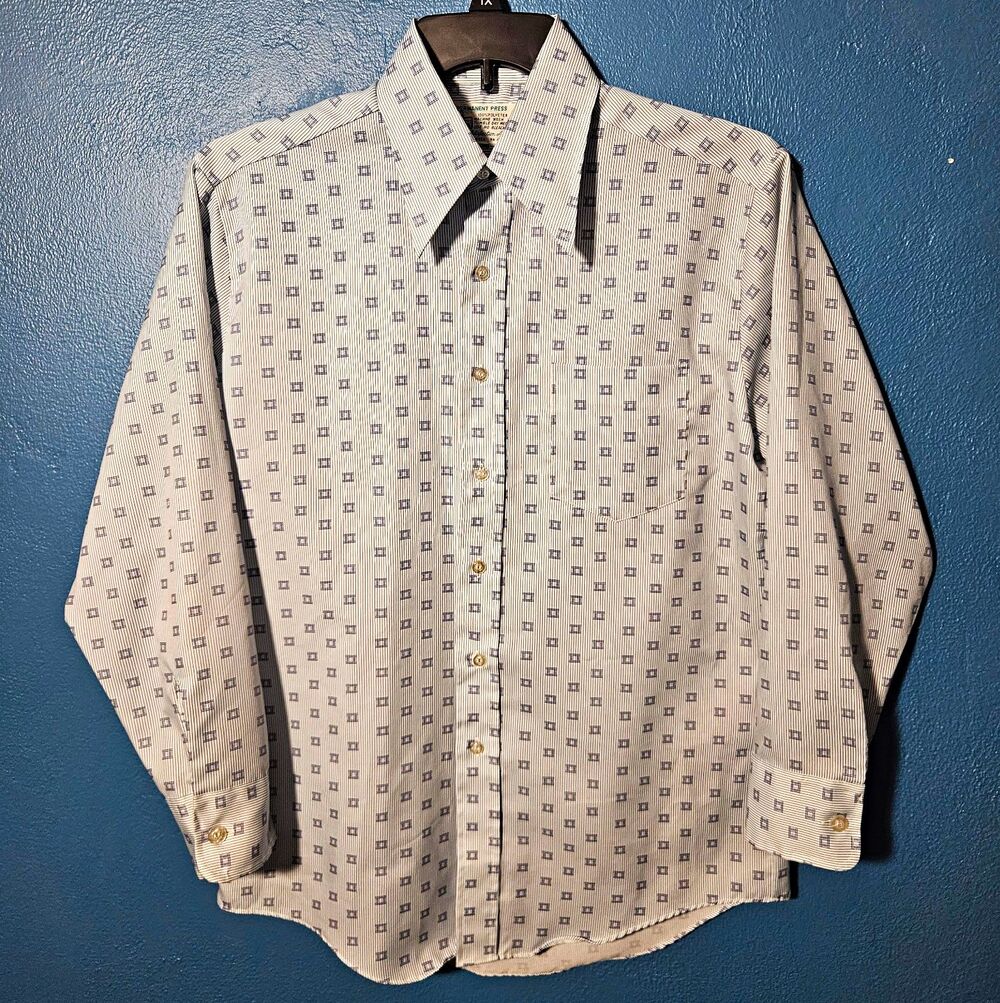 VTG 70s Kmart Shirt Button Up Disco Mens L/XL Sage Green Blue Geometric Dagger